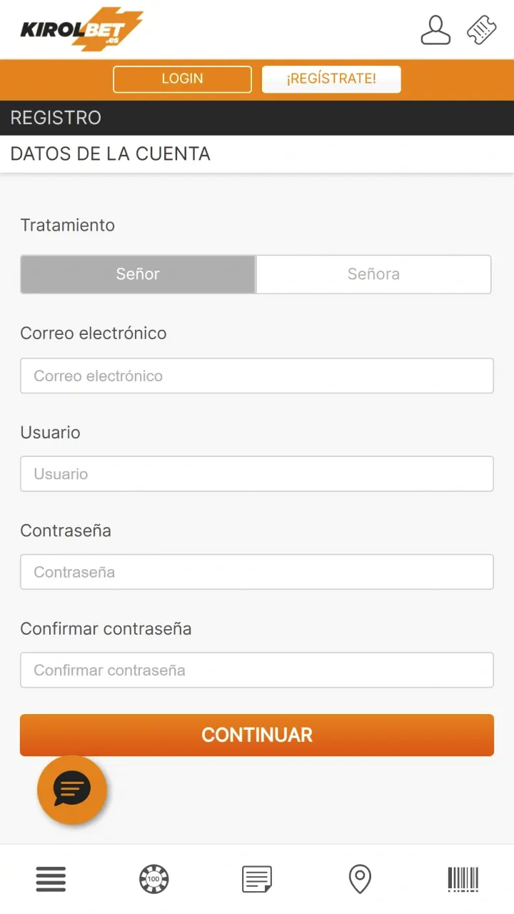 Crea una nueva cuenta en la aplicación Kirolbet.
