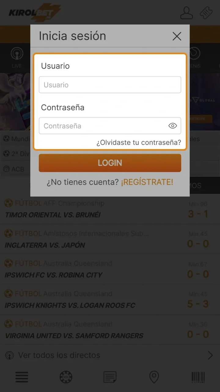 Introduzca sus datos de acceso en el formulario para que Inicia sesión en Kirolbet.