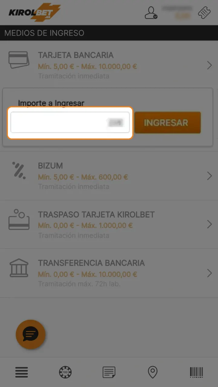 Introduce el importe de tu primer depósito en Kirolbet.